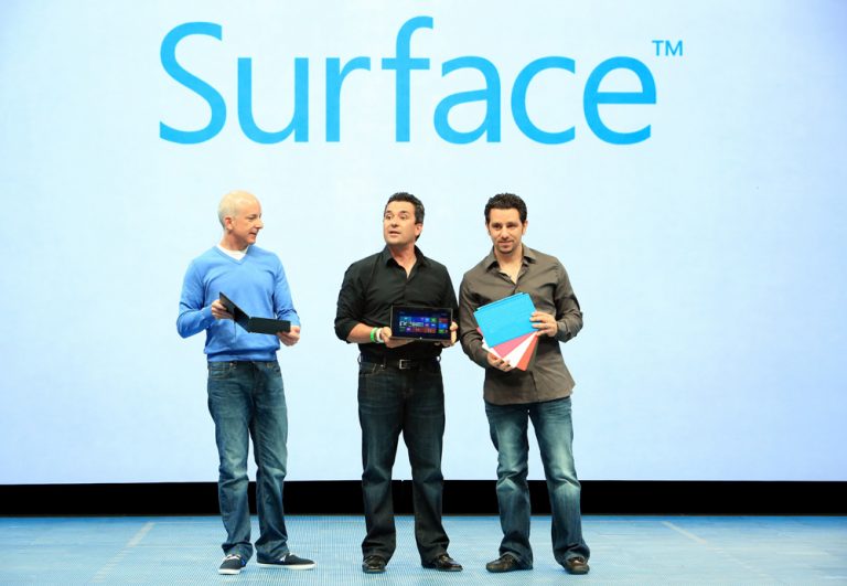 Steven Sinofsky, President, Windows and Windows Live Division, Mike Angiulo, Microsoft Corporate Vice President, Windows Planning, Hardware & PC Ecosystem, and Panos Panay, General Manager, Microsoft Surface, model the new Surface PC and accessories.