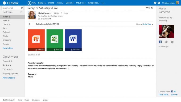 Outlook.com offers the ability to open, edit and share Word, Excel and PowerPoint files from anywhere with full fidelity.
