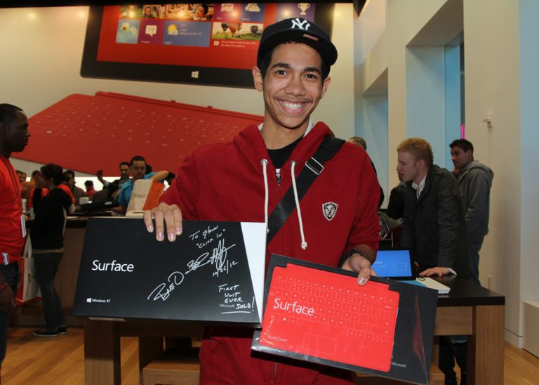 A young man named Glenn bought the first Surface for Windows RT sold in Microsoft’s new pop-up store in New York City’s Times Square on Oct. 26, 2012. The device was signed by Panos Panay, general manager of Surface for Microsoft.