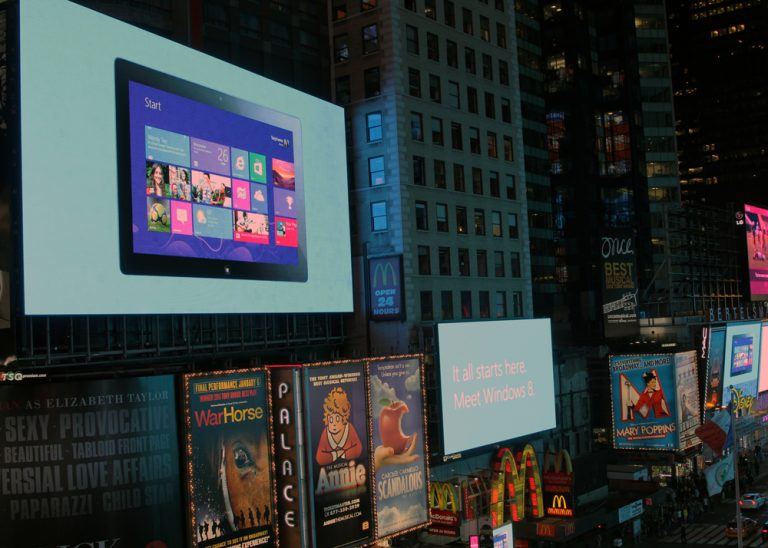 Microsoft Surface played a big part in a Times Square billboard takeover that took place early Oct. 26, 2012, as part of the Windows 8 launch.