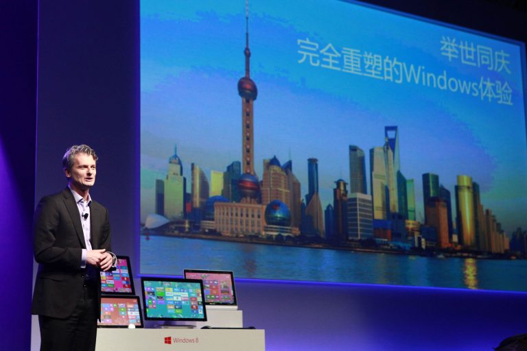 Ralph Haupter, corporate vice president of Microsoft and CEO of Microsoft Greater China Region, speaks at the Windows 8 launch celebration in Shanghai, China, on Oct. 22, 2012.
