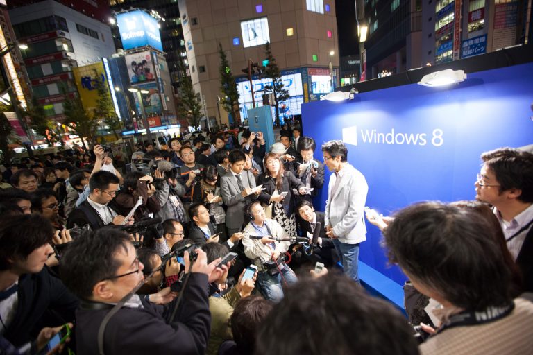 Microsoft Japan President Yasuyuki Higuchi fields questions at the Windows 8 launch event.