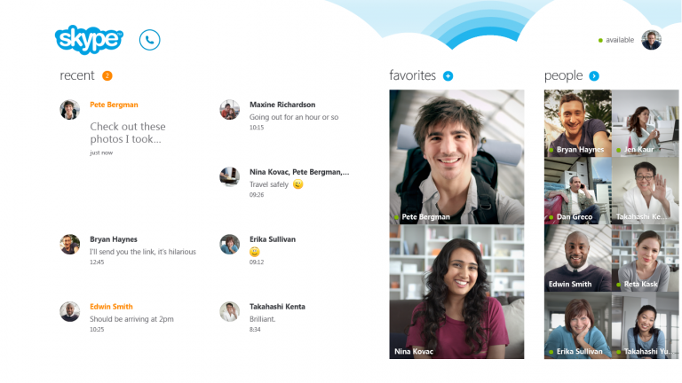 The Skype home screen helps you navigate recent activity, contacts and favorites all in one place.