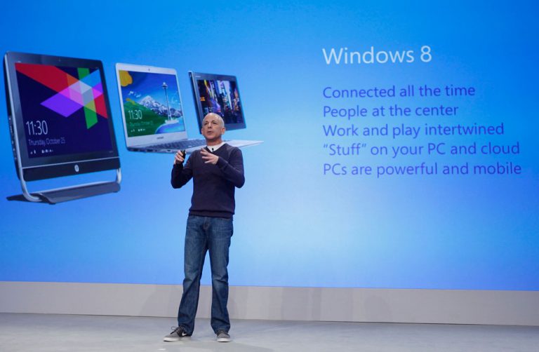 Steven Sinofsky, president of the Windows Division, addresses the crowd at the New York Windows 8 launch event.