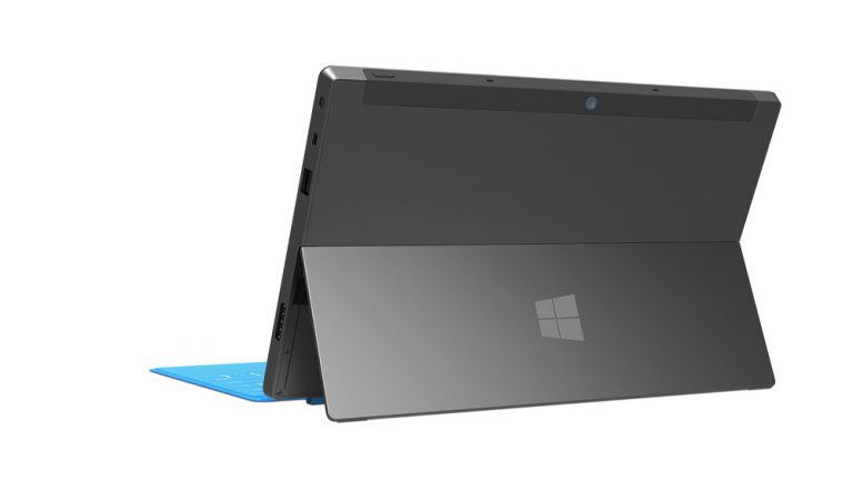 Rear view of Surface with a cyan Touch Cover. A built-in kickstand lets you transition Surface from active use to passive consumption.