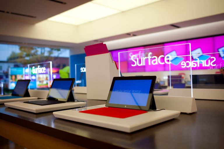 Colors of Surface light up the Microsoft Store in Seattle.