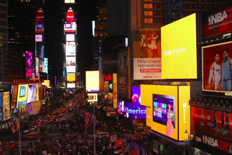 Microsoft took over much of the billboard space in Times Square Thursday night as part of the company’s worldwide launch of Windows 8.