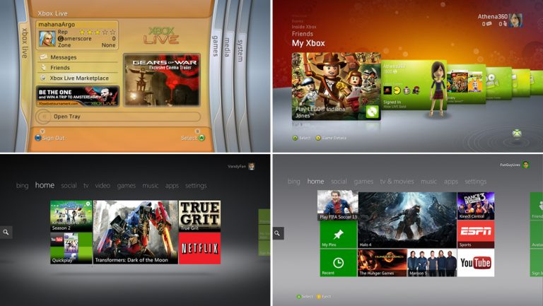 Commonly known as "blades" [top left], the original Xbox LIVE dashboard design later evolved into "channels" in 2009 [top right] and "twists" in 2011 [bottom left]. Today’s dashboard makes it easier for users to access their favorite apps and content with "My Pins" and "Recent."