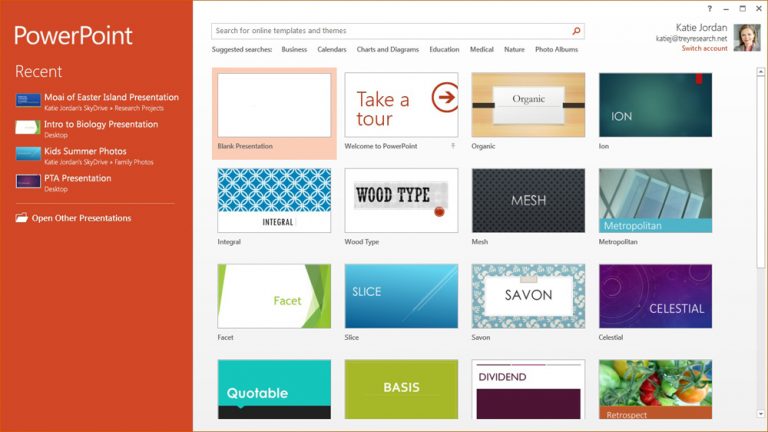 Get started with ease. When opening PowerPoint, you are presented with a collection of compelling, widescreen themes to use in creating your presentation.