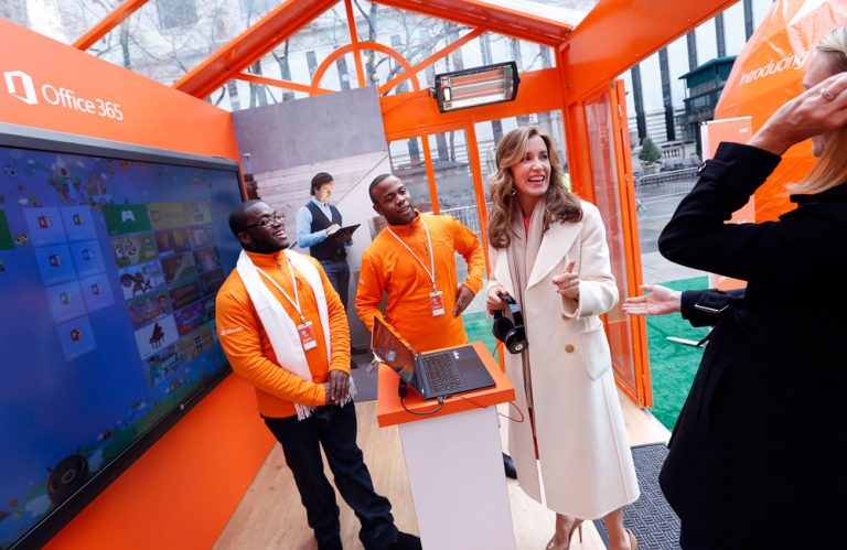 Actress Felicity Huffman tries out Skype, which is now included with Office 365 Home Premium, during a launch celebration at New York's Bryant Park, Tuesday, Jan. 29, 2013. Microsoft's new subscription service includes the latest set of Office applications; works across up to five devices, including Windows tablets, PCs and Macs; and comes with extra SkyDrive storage and Skype calling. (Photo by Jason DeCrow, Microsoft)