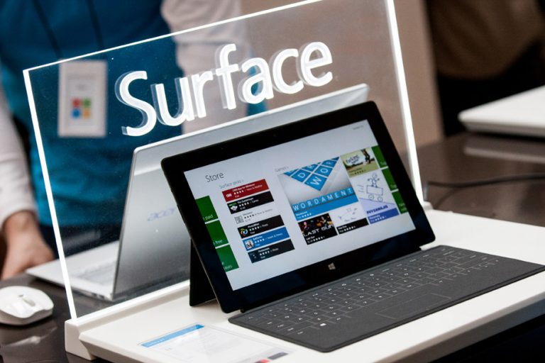 Surface Pro with Windows 8 Pro on display at a celebration event at the Microsoft Store in Las Vegas.