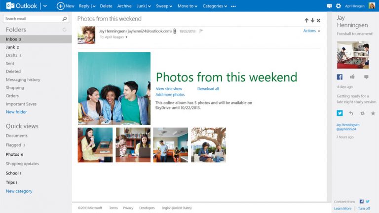 Photos from attachments and SkyDrive pop with Outlook.com’s beautiful, streamlined interface.