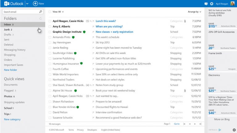 The clean, modern design of Outlook.com highlights the content you care about and eliminates clutter.
