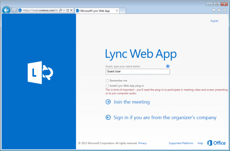 The Microsoft Lync Web App login screen allows you to install the Lync Web App plug-in to participate in meeting videos and screen presenting.