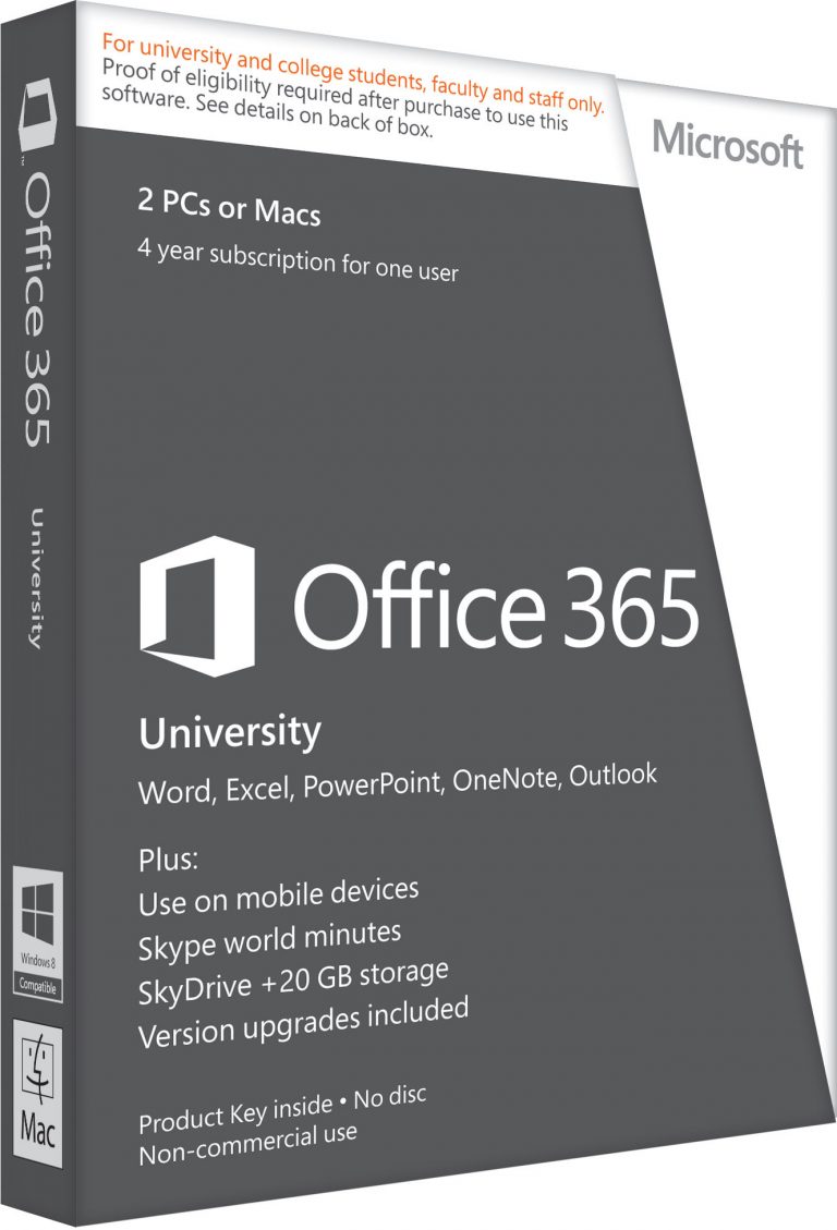 Office 365 University is for college or university students, faculty and staff at a price of just US$79.99 for a four-year subscription — the equivalent of US$1.67 per month.