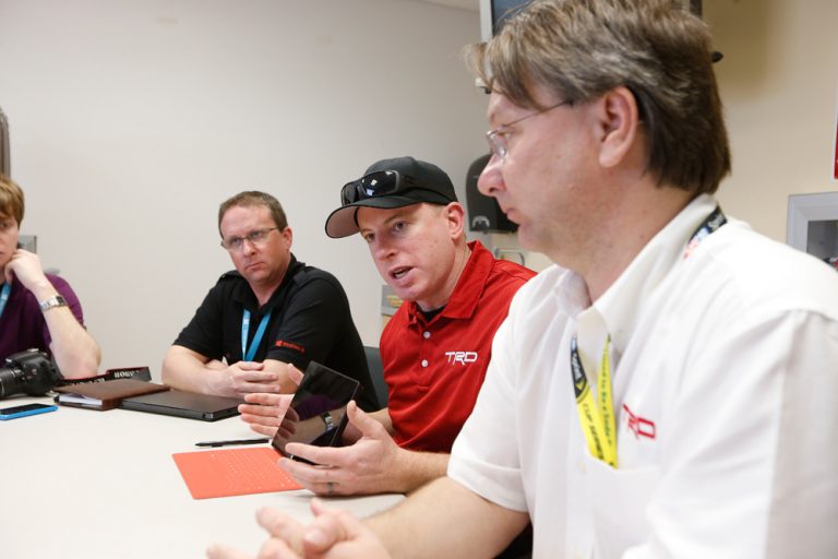 From left to right: Jason Campbell, senior product manager at Microsoft, Darren Jones, group lead for software development at TRD, and Steve Wickham, vice president of chassis operations at TRD, discuss TRD’s Trackside app running on Windows 8.