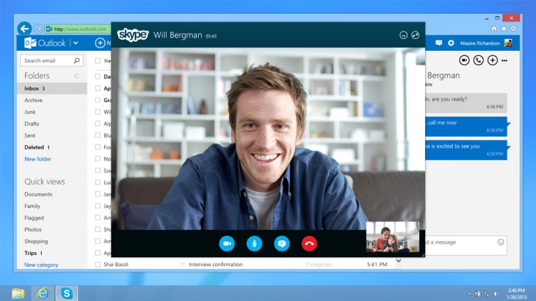 With the preview version of Skype for Outlook.com, you can enjoy Skype video and audio calls wherever you access your email.