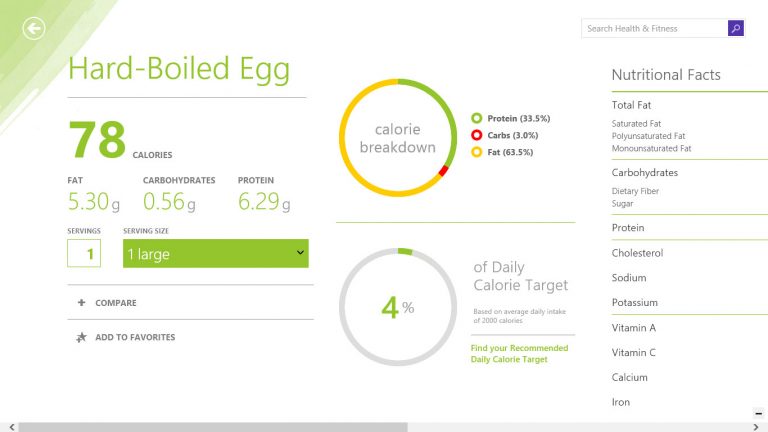 The app features nutritional values of 200,000+ foods, with ability to compare foods.