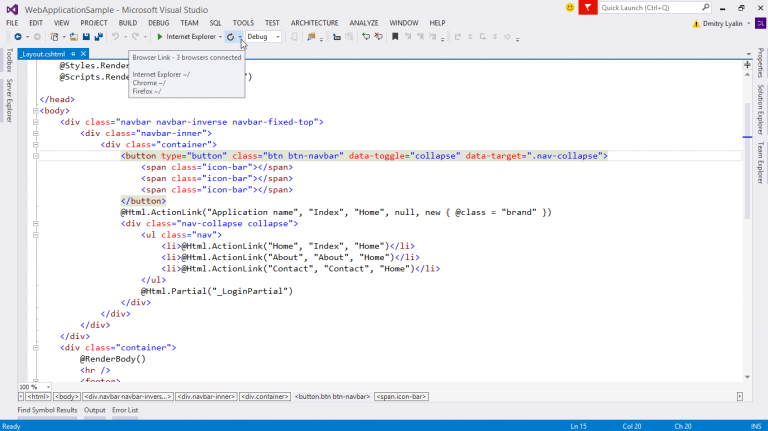 Browser Link connects Visual Studio 2013 to one or more open modern browsers in an interactive development.