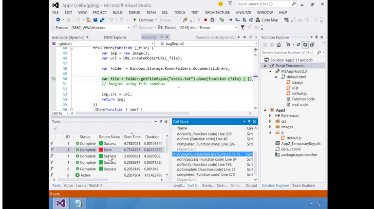In Visual Studio 2013, asynchronous debugging is improved across Visual Basic, Visual C#, Visual C++ and JavaScript.