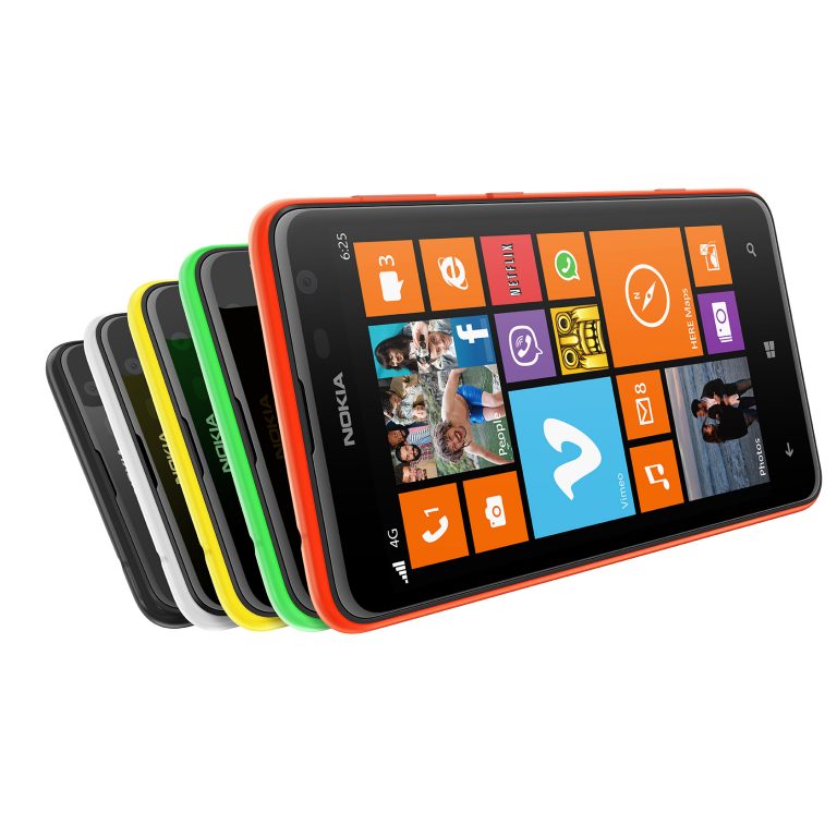 The Nokia Lumia 625 is available in orange, yellow, bright green, white and black with an array of changeable shells for easy personalization.