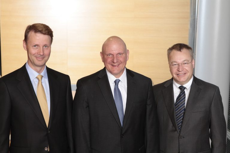Nokia Chairman of the Board of Directors and Interim CEO Risto Siilasmaa, Microsoft CEO Steve Ballmer & Stephen Elop, EVP Devices and Services, Nokia Corp. following Tuesday’s announcement.