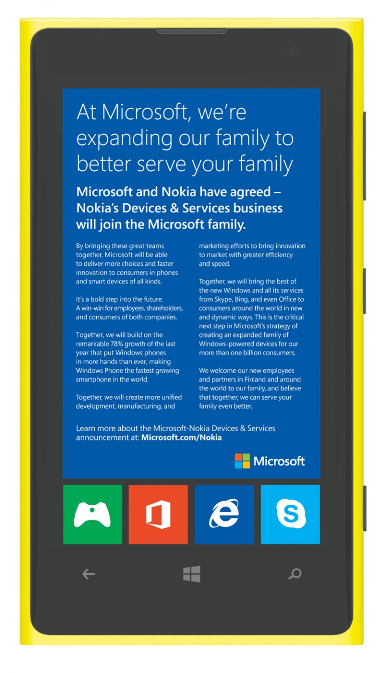 Print ad announcing the Microsoft-Nokia agreement.