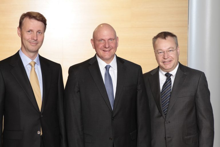 Nokia Chairman of the Board of Directors and Interim CEO Risto Siilasmaa, Microsoft CEO Steve Ballmer & Stephen Elop, EVP Devices and Services, Nokia Corp. following Tuesday’s announcement.