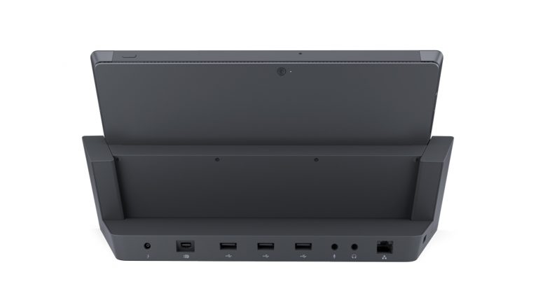 The Docking Station for Surface Pro lets you quickly connect Surface Pro and Surface Pro 2 to desktop PC peripherals in a single step, taking you from laptop to desktop in an instant. While Surface Pro or Surface Pro 2 is docked, it connects with an external monitor, Ethernet, speakers and power supply. PC peripherals connect via its one USB 3.0 port and three USB 2.0 ports.