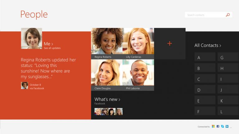 With the built-in People app, all your contacts are in one place, you can easily see updates from all your social networks and you can easily connect with people in whatever way you prefer. In Windows 8.1, you can search and browse for contacts more quickly, view, edit and link contacts more easily, and add a custom picture for a contact.
