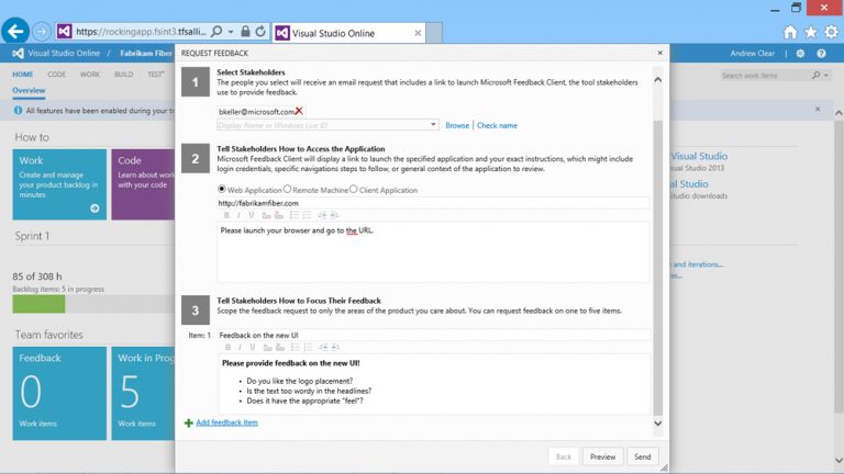 Feedback requests make it easy for stakeholders to remain informed and involved in a development project through Visual Studio Online. Integrated feedback requests give stakeholders an easy way to provide rich feedback, including annotated screenshots, directly to the development team.