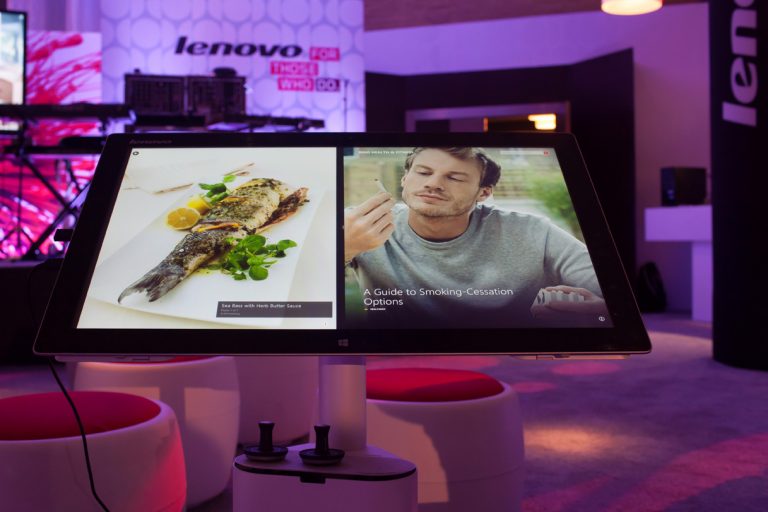 The Lenovo Horizon 2 tabletop PC showing the Bing Food & Drink and Bing health apps.