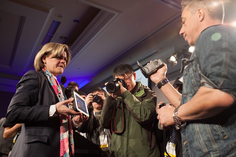 Betty Noonan shows off the new Panasonic ToughPad 7-inch tablet at CES 2014.