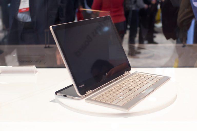 Toshiba’s 5-in-1 concept PC at CES 2014 converts to a variety of useful poses.