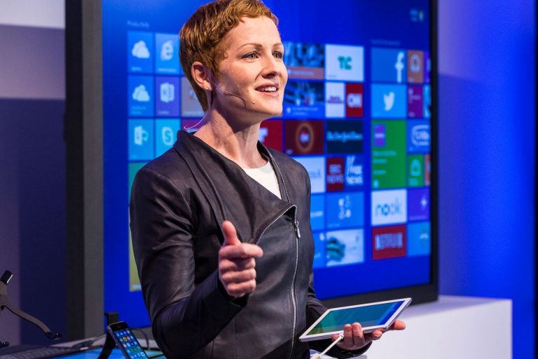 Microsoft Office General Manager Julia White shows off the productivity capabilities of Microsoft Office for iPad and the Enterprise Mobility Suite at a press event in San Francisco on March 27, 2014.