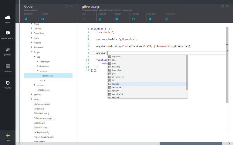 Use the portal’s lightweight code editor with built-in IntelliSense to make changes to your Azure-hosted sites from anywhere — in any browser, on any device (Windows-based or not).