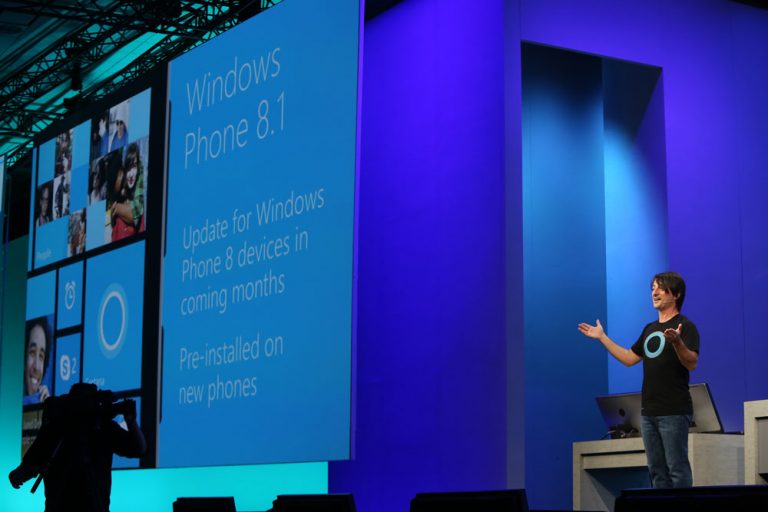 Joe Belfiore, corporate vice president, Operating Systems Group, announces Windows Phone 8.1 and Windows 8.1 Update on stage at Build 2014 in San Francisco.