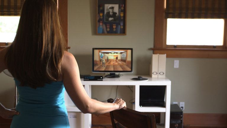 At home, a Reflexion Health patient performs her therapy exercises in front of a Kinect for Windows v2 sensor which captures her movements in precise detail. Reflexion Health’s application gives her immediate feedback on her execution and transmits the results to her therapist.