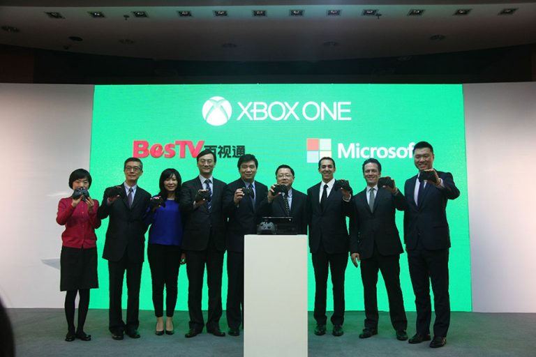 Executives from BesTV New Media Co., a subsidiary of Shanghai Media Group, Microsoft’s Xbox leadership team and dignitaries from the Chinese government gather to celebrate the official announcement of Xbox One launching in China this September.