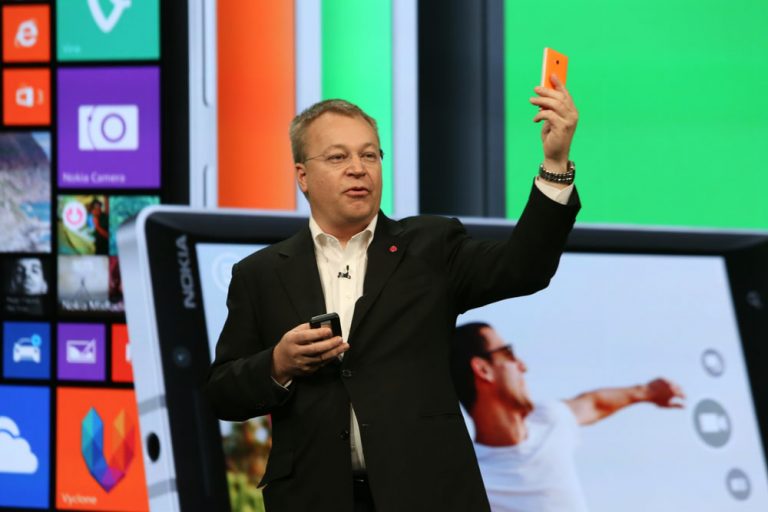 Stephen Elop, executive vice president, Devices & Services, Nokia, shows three new Nokia phones, the flagship Lumia 930, the affordable Lumia 635 and the first dual-SIM Lumia 630, all built on Windows Phone 8.1.