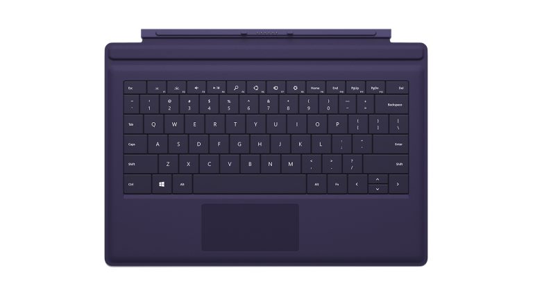 The backlit Surface Pro Type Cover lets you work or play at any hour. One of the thinnest mechanical keyboards available, Surface Pro Type Cover features a QWERTY keyboard, a full row of Function keys (F1–F12), Windows shortcut keys, media controls and an improved touchpad. Flip the cover back, and take Surface Pro 3 from laptop to tablet in an instant. When closed, Surface Pro Type Cover shuts down your display to preserve battery life. Choose from five colors — purple, red, blue, cyan and black — to express your own personal style. Color availability varies by market.