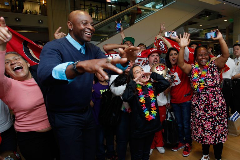Retired NFL wide receiver Jerry Rice participates in a Skype conversation between the Westfield San Francisco Centre and Bellevue Square Microsoft stores.