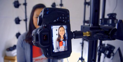 "On the Whiteboard" host Pamela Woon prepares to get a 3D model of her face, as part of a process that gathers data on voices, body gestures and facial expressions to continuously improve the Kinect experience.
