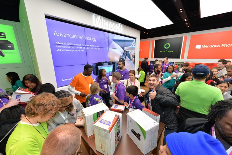Customers purchased Xbox 360 consoles and Toshiba Encore 2 tablets during the grand opening of Microsoft at Westfield Montgomery Mall in Bethesda, Md., on Saturday, Nov. 22, 2014.
