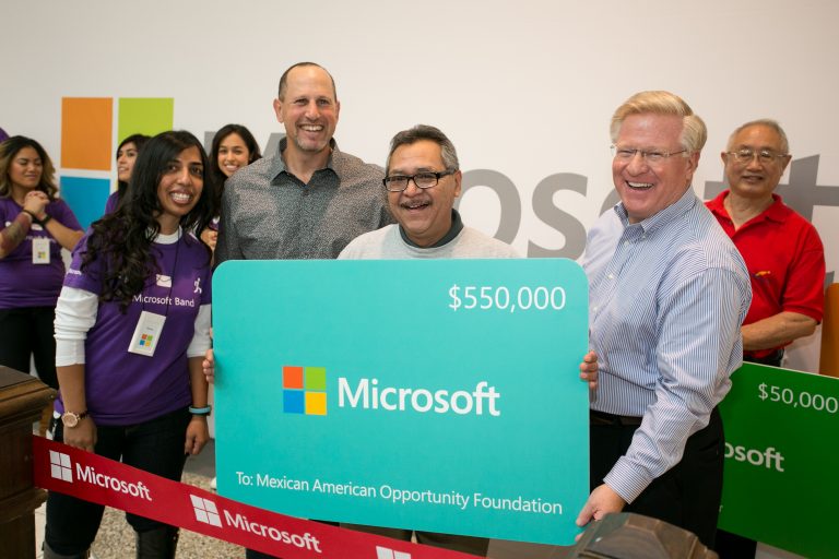 Local community organizations, including Youth Science Center, Selaco, YMCA of Greater Long Beach and Mexican American Opportunity Foundation accepted more than $1 million in technology grants from Microsoft at Los Cerritos Center, as part of the grand opening ceremony in Cerritos, Calif., on Saturday, Nov. 22, 2014.