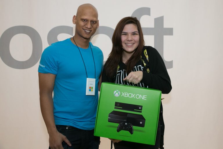 As part of the grand opening activities for the new Microsoft retail store at Square One Shopping Center in Mississauga, Ontario, on Feb. 8, 2014, the Microsoft retail store gave away a new Xbox One console.