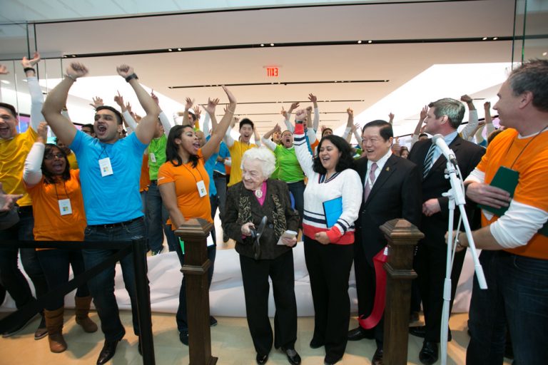 Mississauga, Ontario, Mayor Hazel McCallion cuts the ribbon at the brand new Microsoft retail store on Feb. 8, 2014.