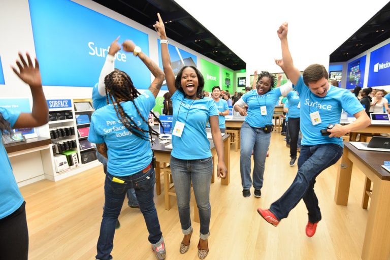Microsoft retail store associates celebrate the opening of the third retail store in Georgia at Perimeter Mall on May 31.