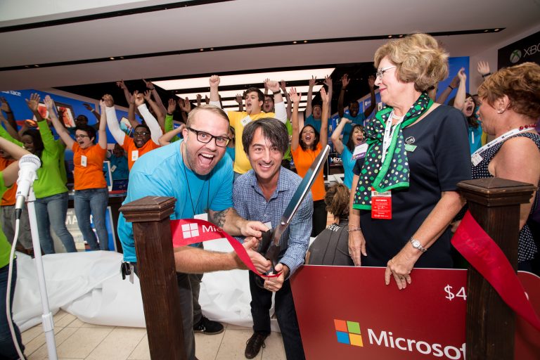 Joe Belfiore, corporate vice president, Operating Systems Group at Microsoft, cut the ribbon to open the company’s newest store at The Mall at University Town Center in Sarasota, Fla., on June 11, 2015.