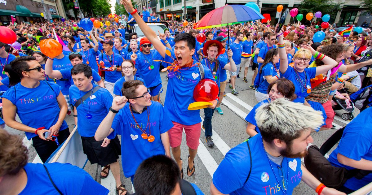 Microsoft employees, partners, family and friends march along Seattle’s three-mile Pride Parade route.